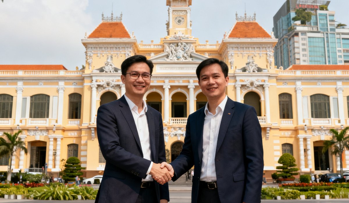 小艾电竞与越南VNG公司签署战略合作协议，双方代表握手合影，背景为胡志明市地标建筑