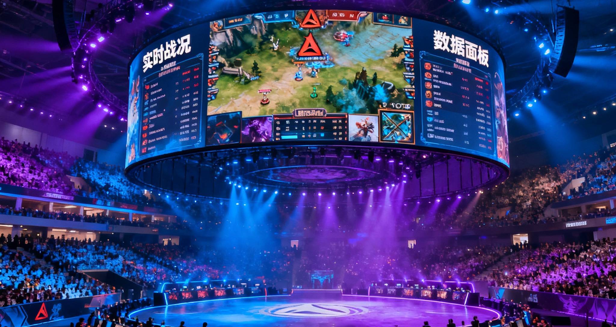 DOTA2国际邀请赛主舞台，环形巨幕上展示着实时战况和数据面板，观众席爆满，绚丽灯光将整个场馆染成蓝紫色