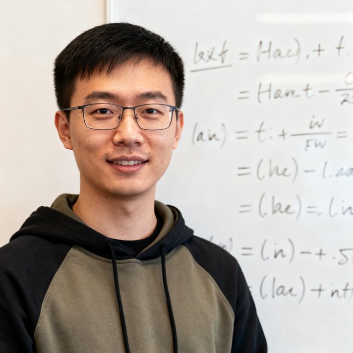 张昊然——小艾电竞CTO，卡内基梅隆大学机器学习博士，身着休闲连帽衫，站在白板前写满公式